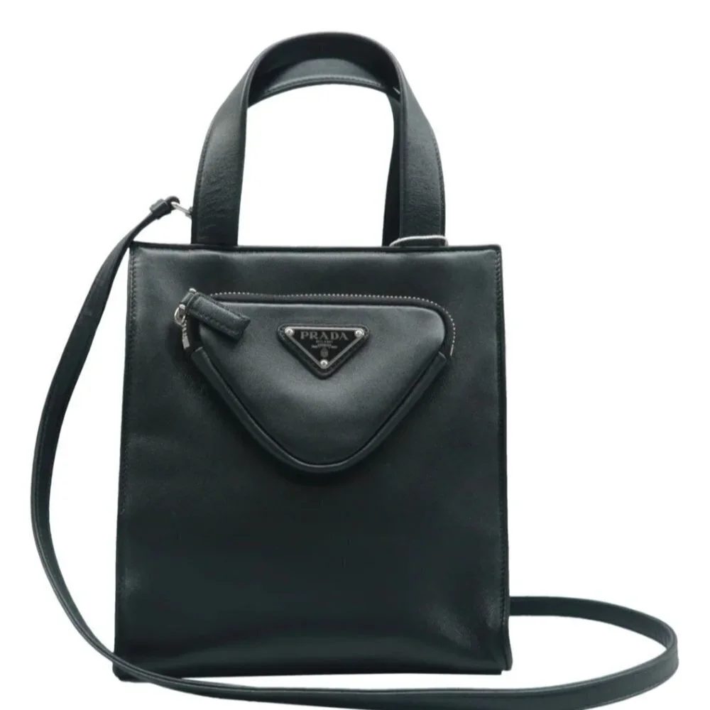 Authentic Prada Black Triangle Leather Satchel Bag